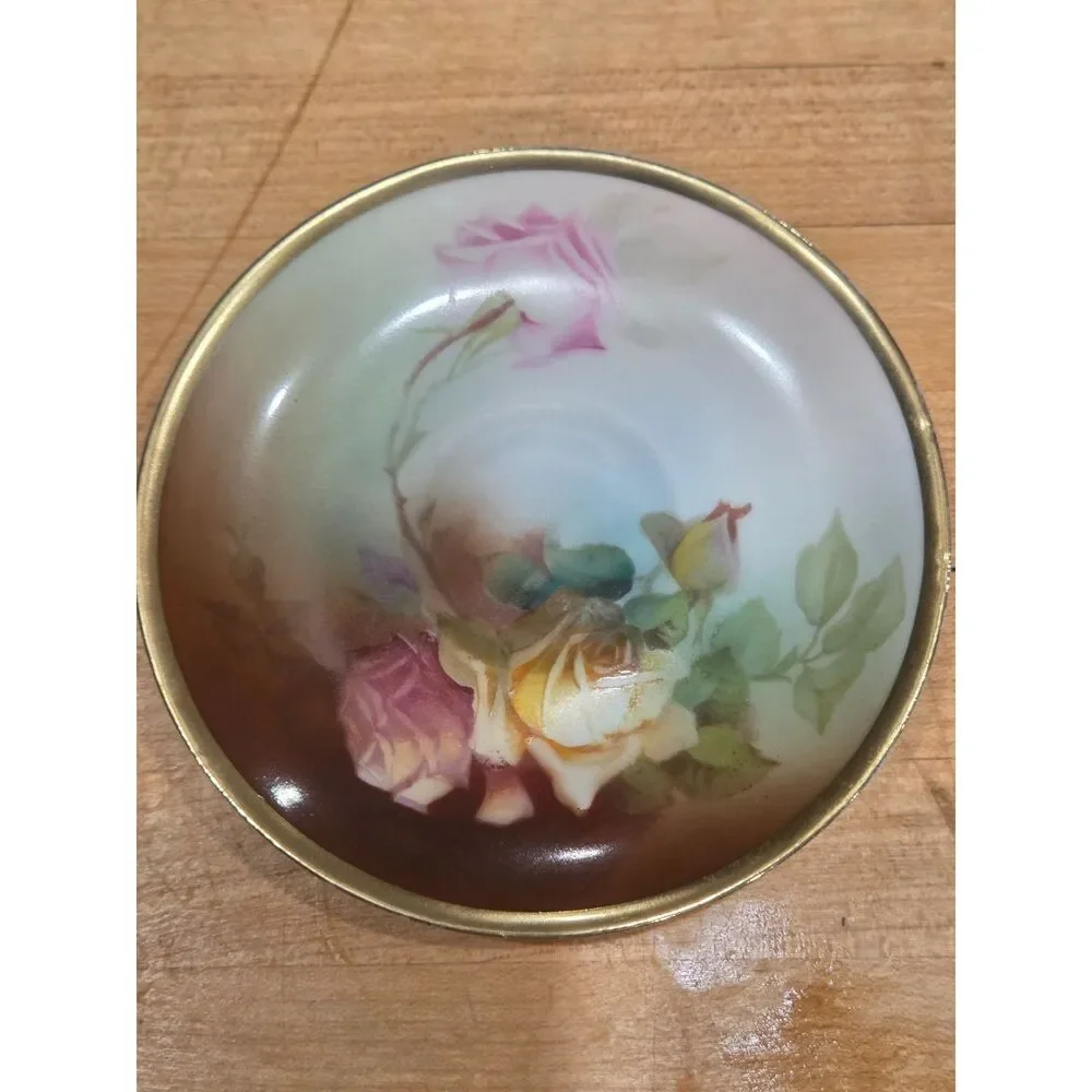 Antique Thomas Bavaria Hand Painted Roses Demitasse Teacup Saucer Marechal Niel